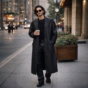 Dark Academia Vintage Black Leather Trench Paisley GIII Long Coat BU1